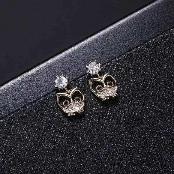 14k Gold Adorable Diamond Owl Earrings Sterling Silver - Picture 5 of 9